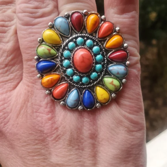 Rainbow Free Spirit Boho Hippie People Native Aztec insp beaded ring - Picture 3 of 8
